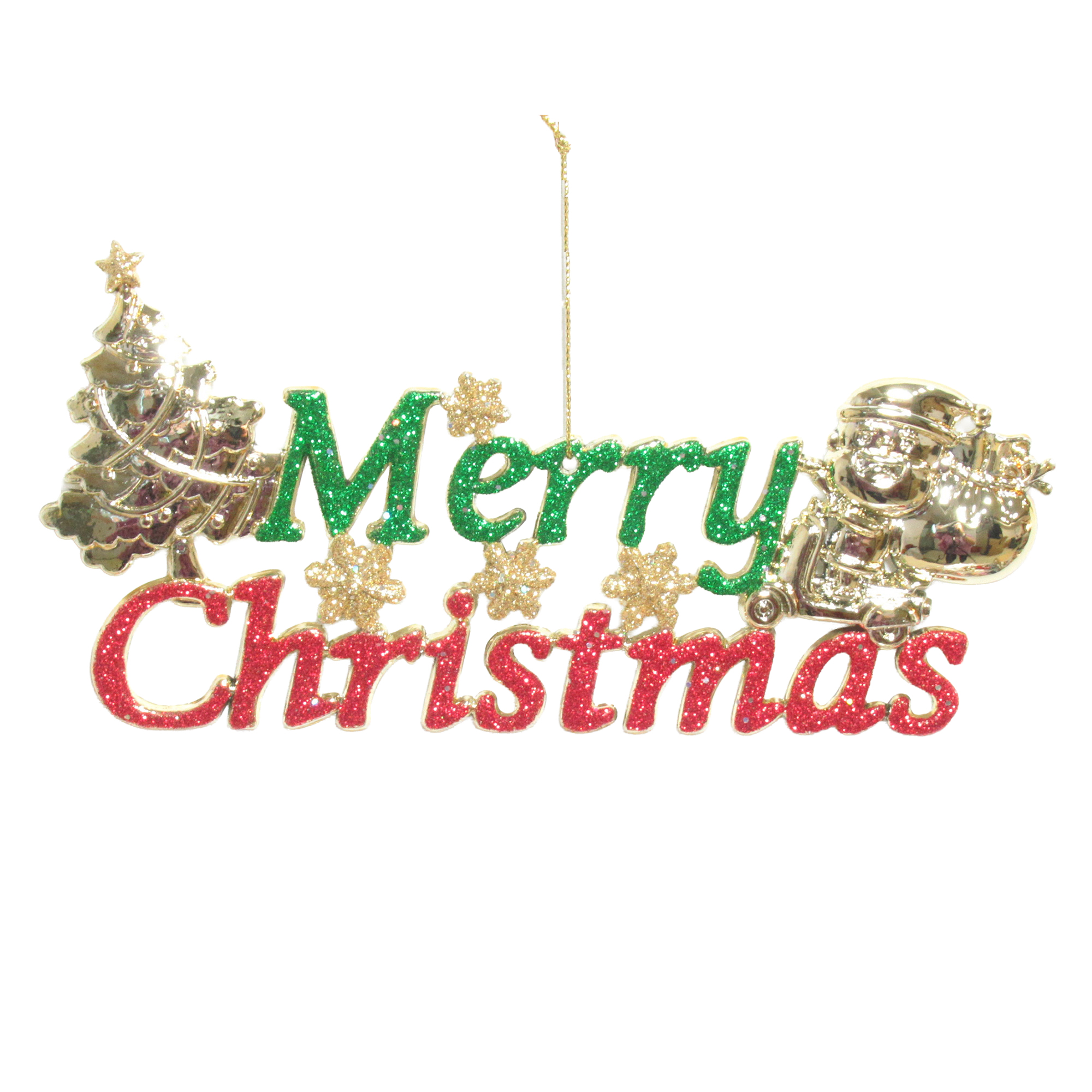ORN "MERRY CHRISTMAS" SHINY GOLD W/GREEN, RED & GOLD GLITTER W/TREE & SANTA 7.9"