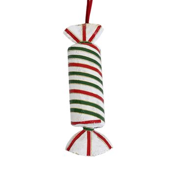 PAPER MACHE ORN CANDY 2"X6" WHITE W/RED AND WHITE STRIPES