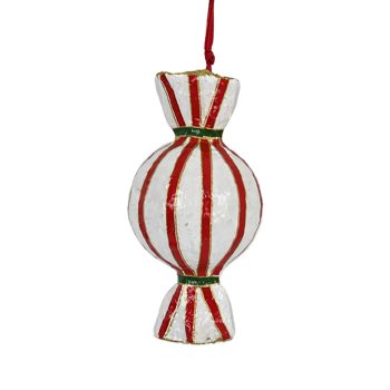 PAPER MACHE ORN CANDY 3"X5" WHIRE W/RED STRIPES