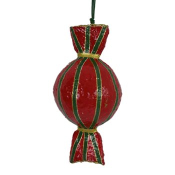 PAPER MACHE ORN CANDY 3"X6" RED W/GREEN STRIPES