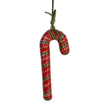 PAPER MACHE ORN CANDY CANE 3"X12" RED W/GREEN AND GOLD STRIPES