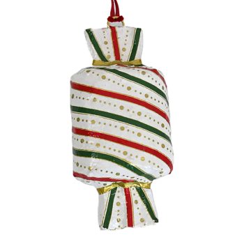 PAPER MACHE ORN CANYDY 3"X7" WHITE W/RED AND GREEN STRIPES