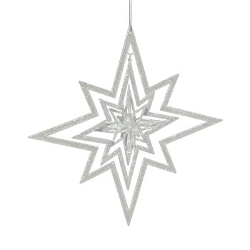 ORN 8-POINT STAR SILVER GLITTER HOLLOW W/MINI STARBURST 9.8"