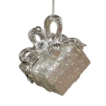 ORN GIFT BOX BRIGHT SILVER SPANGLE GLITTER W/SHINY SILVER BOW & CLEAR JEWEL 2.4"
