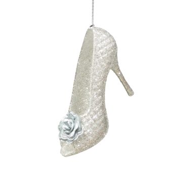 ORN HIGH HEEL BRIGHT SILVER SPANGLE GLITTER W/CAMELLIA 4.2"