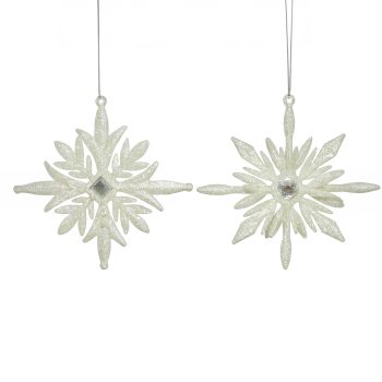 ORN SNOWFLAKE BRIGHT SILVER GLITTER W/CLEAR JEWEL 4.5"