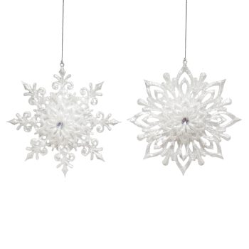 ORN SNOWFLAKE BRIGHT SILVER GLITTER W/CLEAR JEWEL 5.5" 2/S