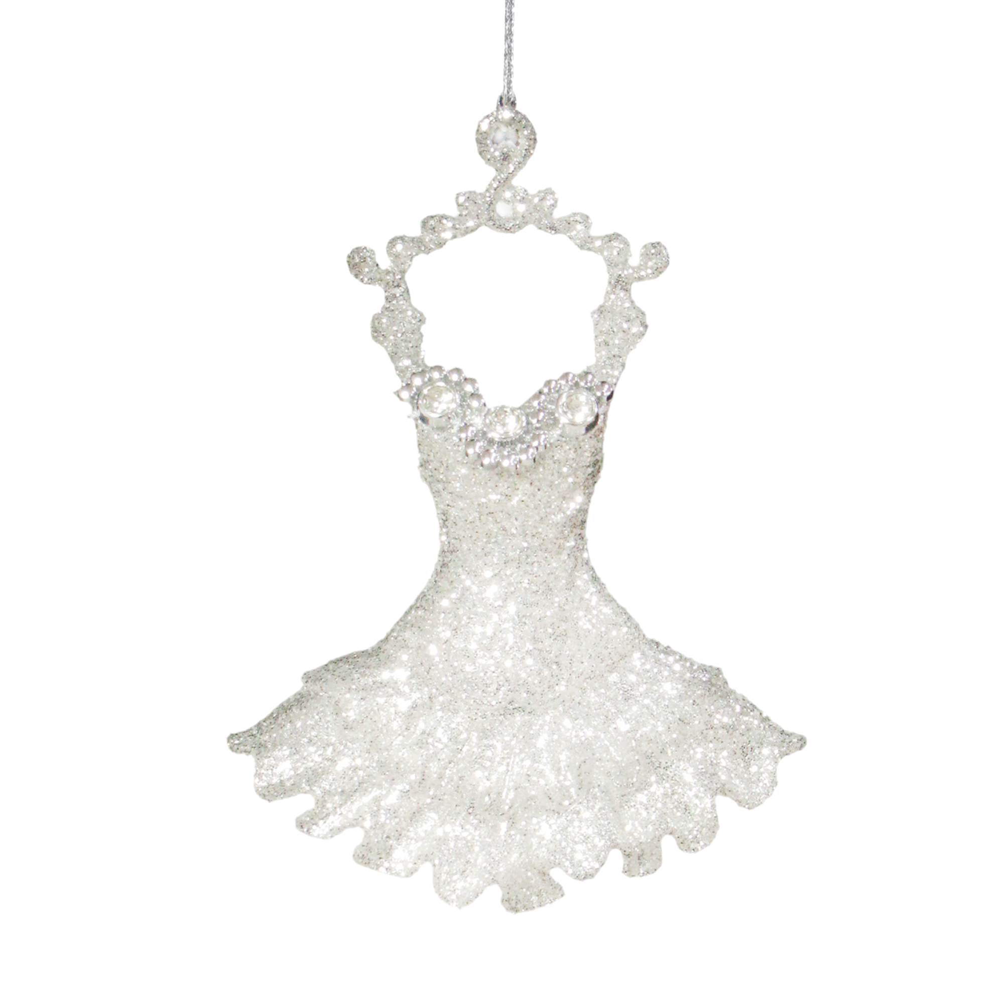 ORN TUTU BRIGHT SILVER SPANGLE GLITTER W/COAT HANGER 5.1"