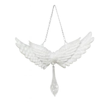 ORN ANGEL WINGS WHITE ICE GLITTER W/CLEAR DROP 6.9"