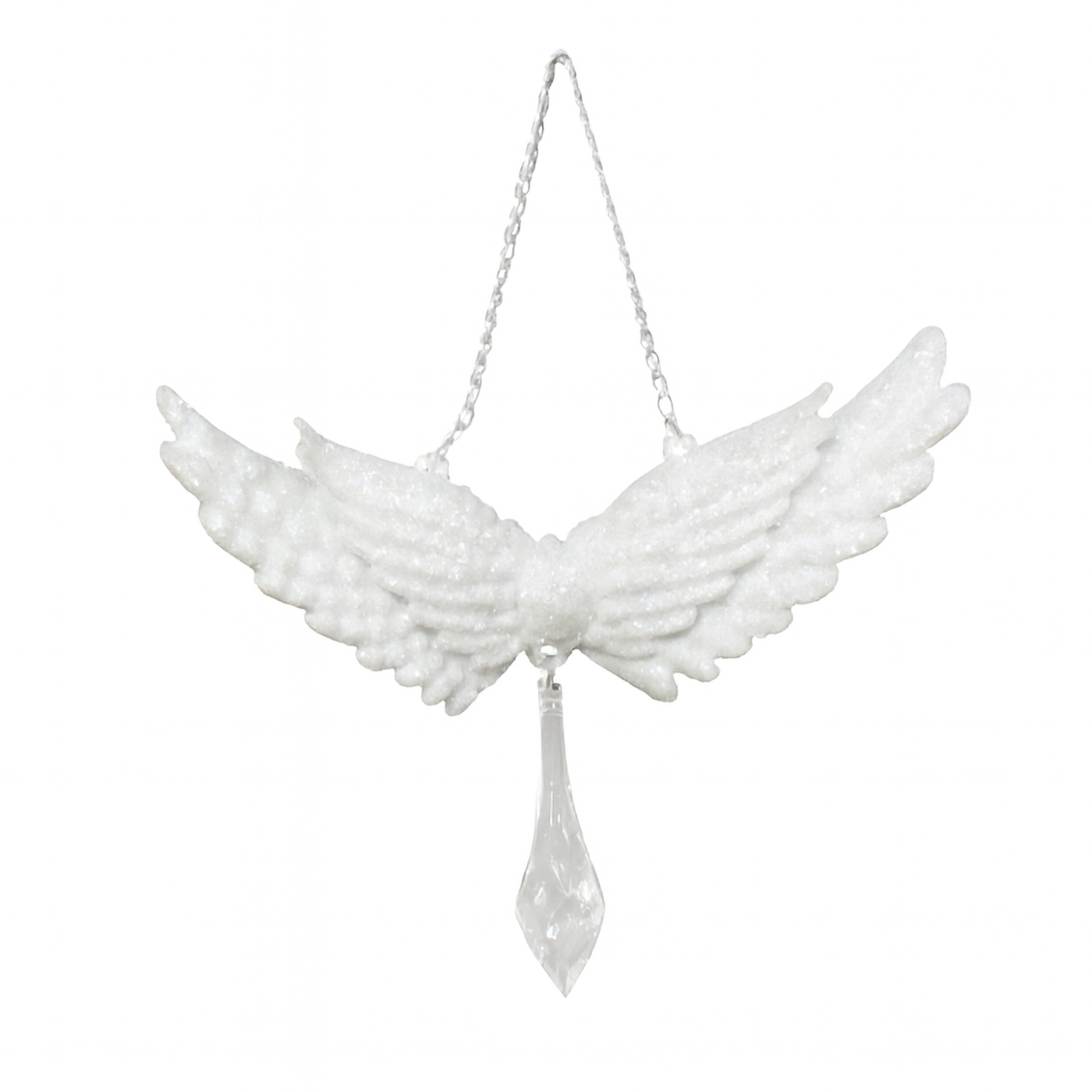 ORN ANGEL WINGS WHITE ICE GLITTER W/CLEAR DROP 6.9"