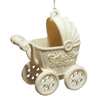 ORN BABY CARRIAGE MATTE CREAM W/IRIDESCENT GLITTER 4.5"
