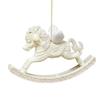 ORN ROCKING HORSE MATTE CREAM W/IRIDESCENT GLITTER W/ROSE & WINGS 5.4"