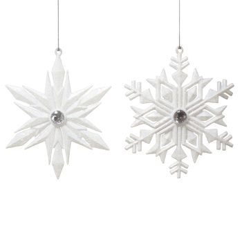 ORN SNOWFLAKE WHITE ICE GLITTER W/CLEAR JEWEL 5.5" & 5.7" 2/S