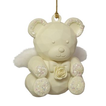 ORN TEDDY BEAR MATTE CREAM W/IRIDESCENT GLITTER W/ROSE & WINGS 2.2"