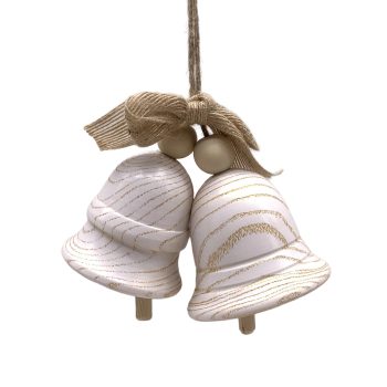 ORN WOODEN TWIN BELL 5"X3.5" WHITE WOOD/JUTE