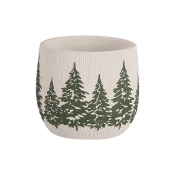 PLANTER CEMENT W/EMBOSSED PINE TREES 6"X5" WHITE/GREEN