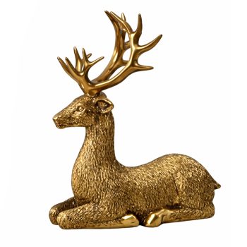 REINDEER SITTING TABLE DECOR RESIN 7"X8" ANTIQUE GOLD