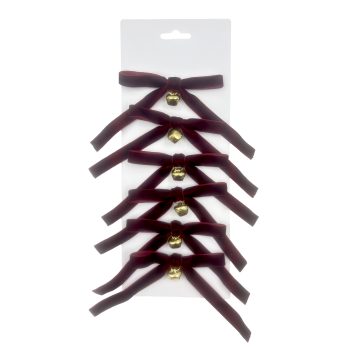 BOW VELVET W/BELL 4"X6" 6PC BURGUNDY