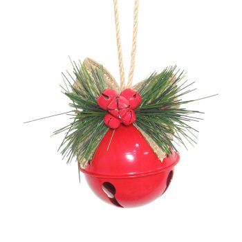 ORN BELL (JINGLE) 2.4" SHINY RED W/BURLAP BOW & PINE NEEDLES