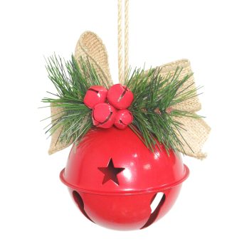 ORN BELL (JINGLE) SHINY RED W/BURLAP BOW & PINE NEEDLES