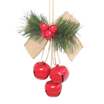 ORN BELL (JINGLE) 1.4"X3 SHINY RED W/BURLAP BOW & PINE NEEDLES