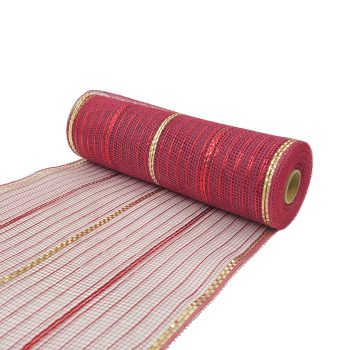 DECOR MESH 10" X 10YDS BURGUNDY W/THIN RED, WIDE RED & WIDE CHAMPAGNE METALLIC