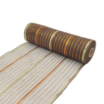 DECOR MESH 10" X 10YDS CHOCOLATE W/THIN BROWN, WIDE BROWN & WIDE CHAMPAGNE METALLIC