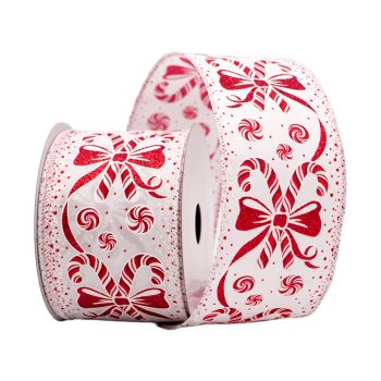 WIRED RIBBON 2.5"X10 YDS. WHITE/RED CANDY CANES