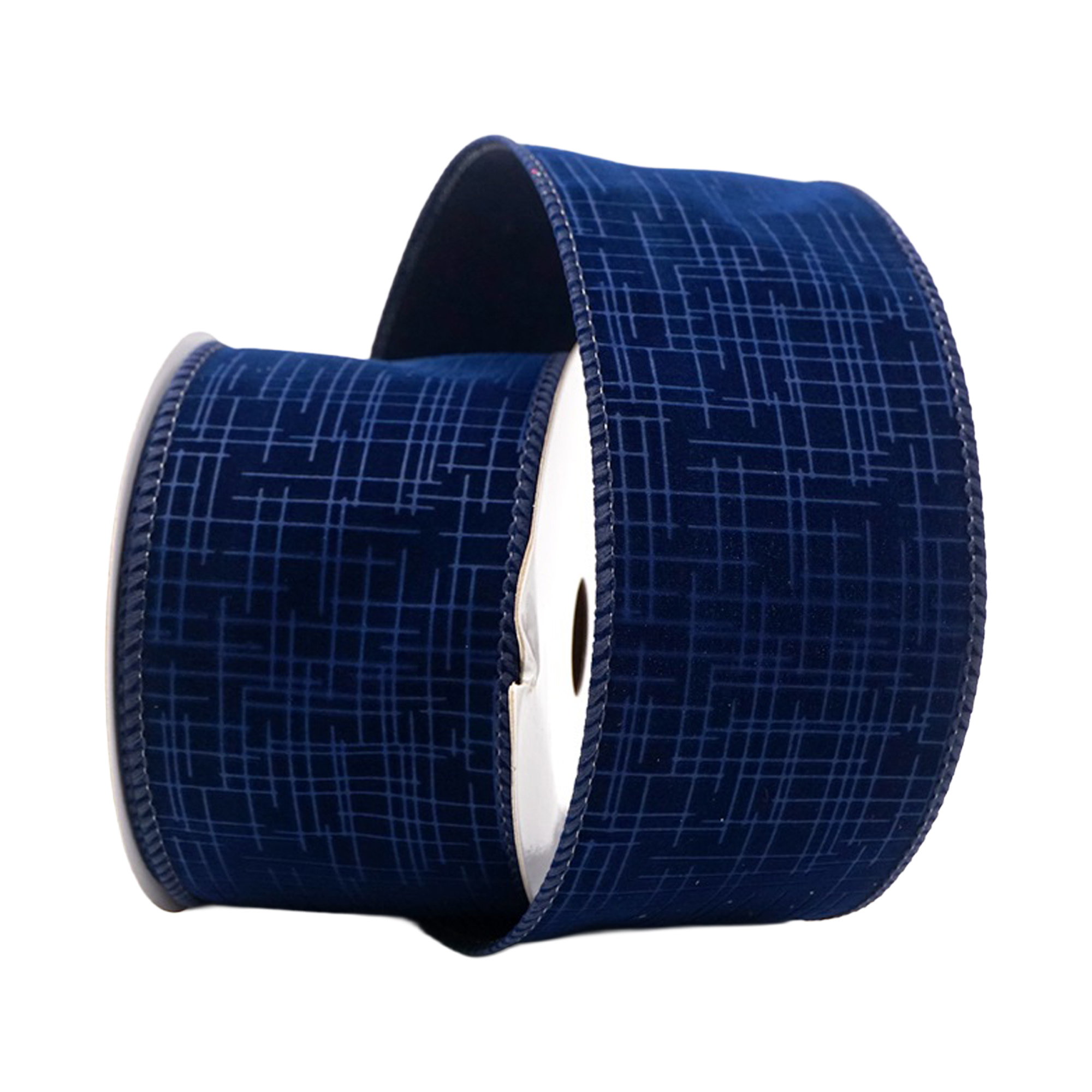 WIRED RIBBON 2.5"X10 YDS. NAVY BLUE VELVET PLAID SHAPE
