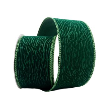 WIRED RIBBON 2.5"X10 YDS. DARK GREEN VELVET PATTERN