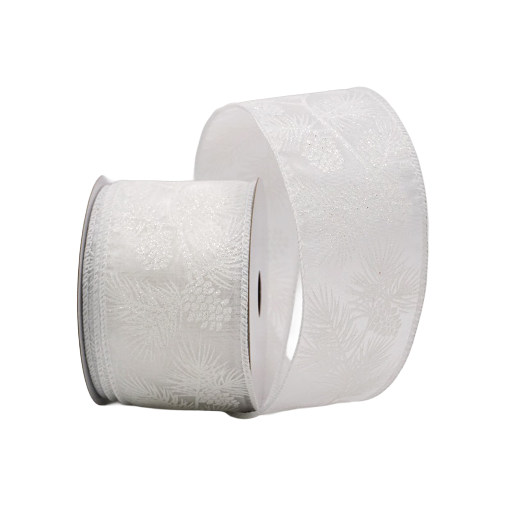 WIRED RIBBON 2.5"X10 YDS. WHITE PINECONES