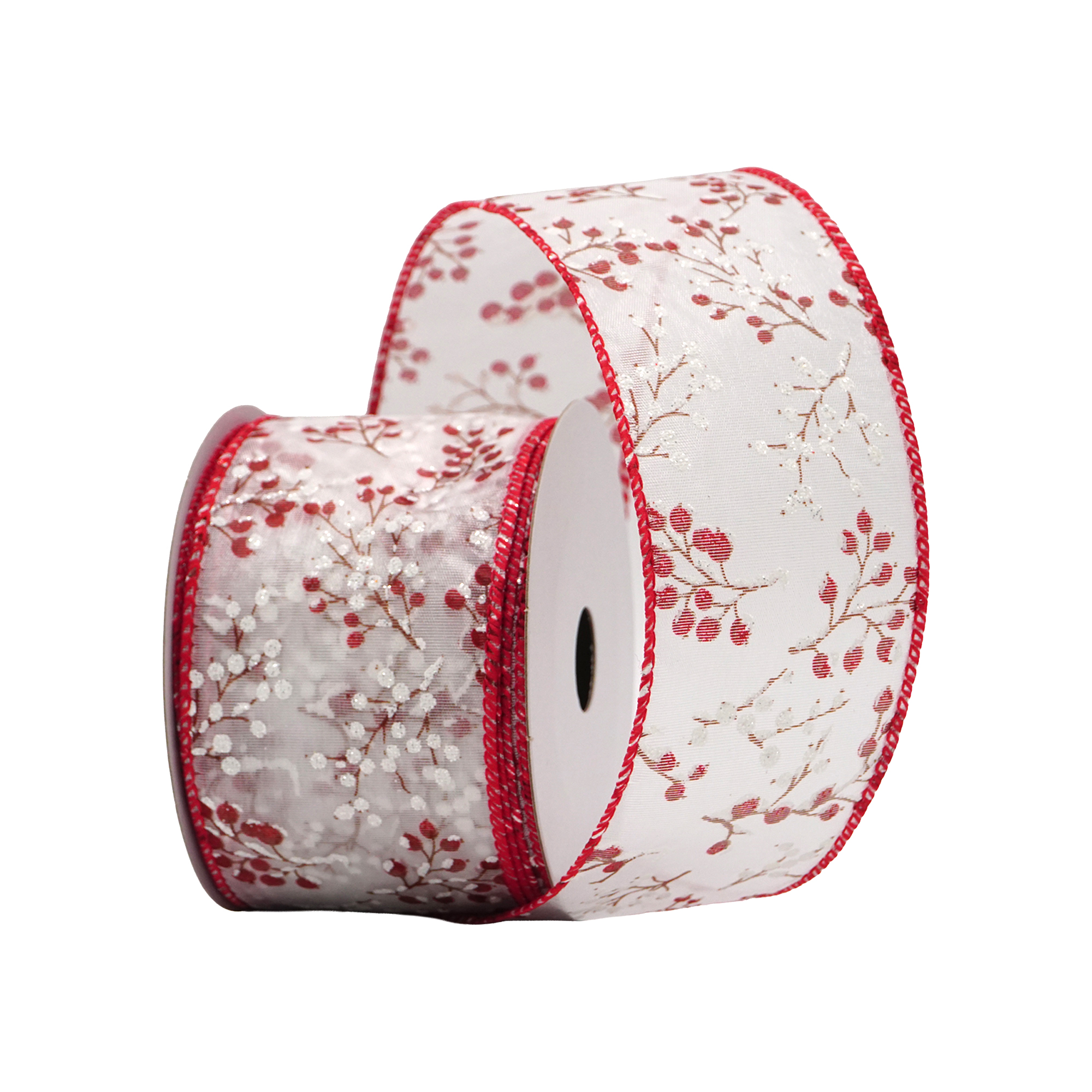 WIRED RIBBON 2.5"X10 YDS. WHITE BERRIES
