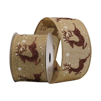 WIRED RIBBON 2.5"X10 YDS. KHAKI REINDEER