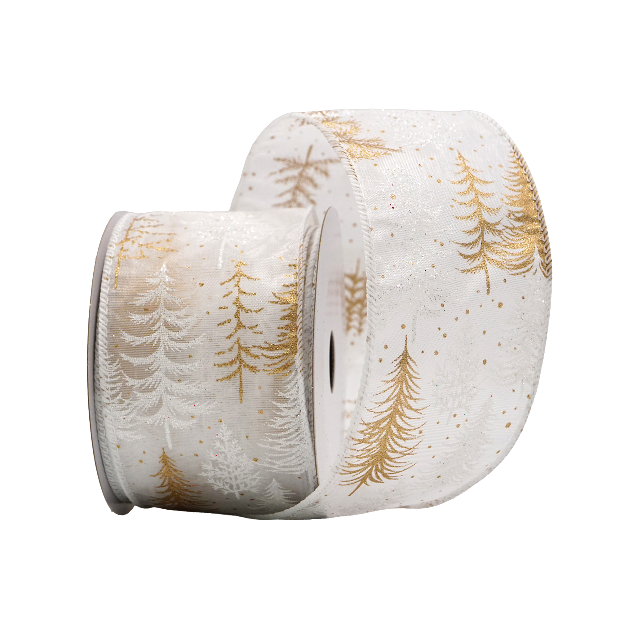 WIRED RIBBON 2.5"X10 YDS. WHITE TREES