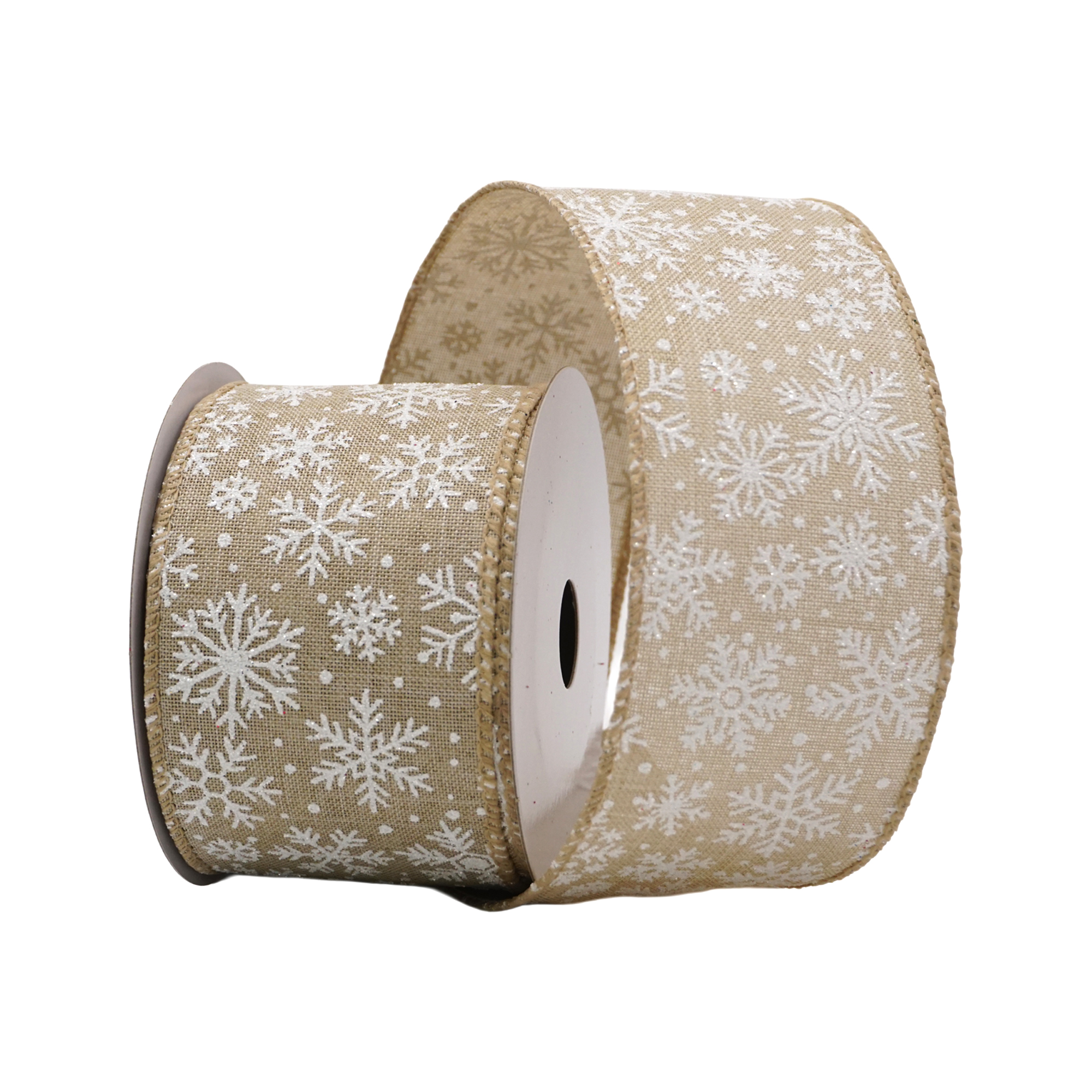 WIRED RIBBON 2.5"X10 YDS. NATURAL SNOWFLAKES