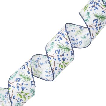 WIRED RIBBON 2.5"X10 YDS. WHITE PONGEE W/BERRIES BRANCH, PINE NEEDLE & LEAVES DK. BLUE, GREEN, BROWN W/SEWN EDGES