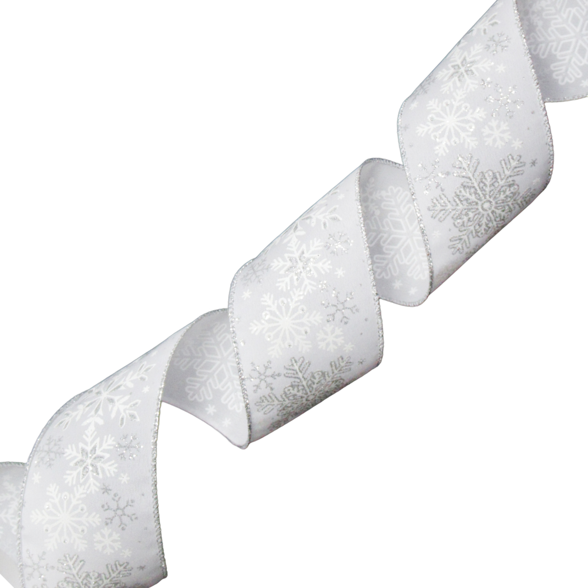WIRED RIBBON 2.5"X10 YDS. WHITE/SILVER PONGEE W/WHITE & GLITTER MIXED SNOWFLAKE W/SEWN EDGES
