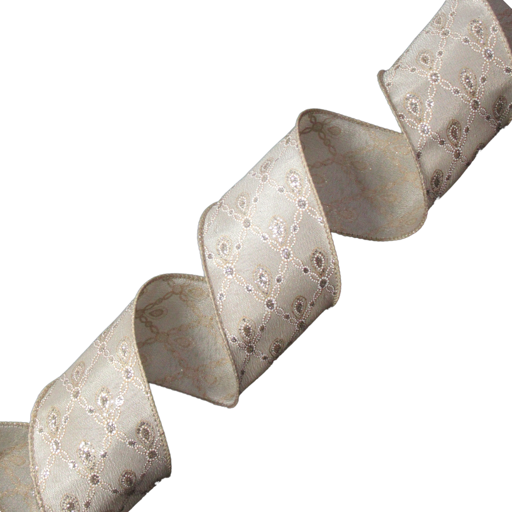 WIRED RIBBON 2.5"X10 YDS. LINEN SILK W/CHAIN DIAMOND GRID WHITE & LT. GOLD W/SEWN EDGES