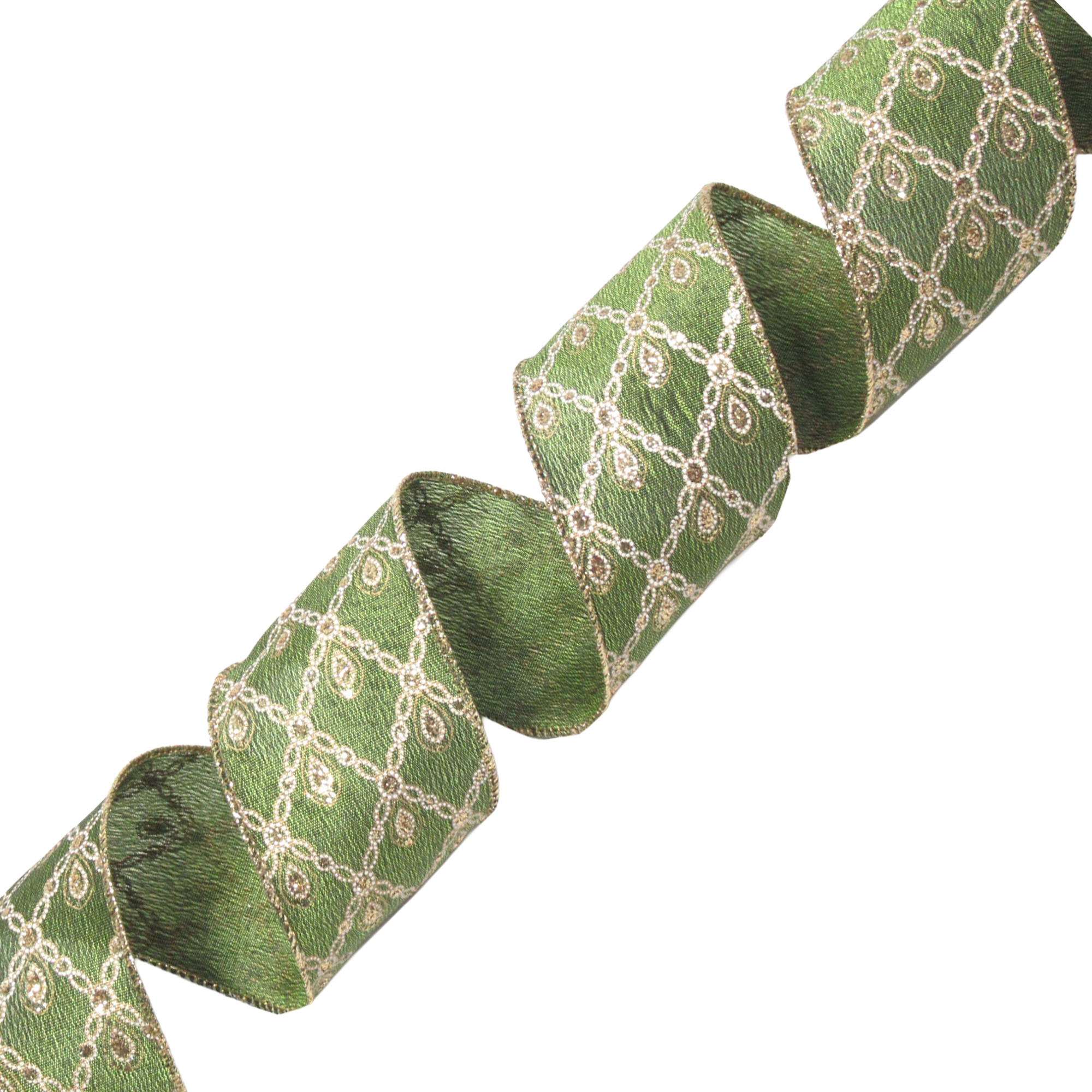 WIRED RIBBON 2.5"X10 YDS. LIME GREEN SILK W/CHAIN DIAMOND GRID WHITE & GOLD W/SEWN EDGES
