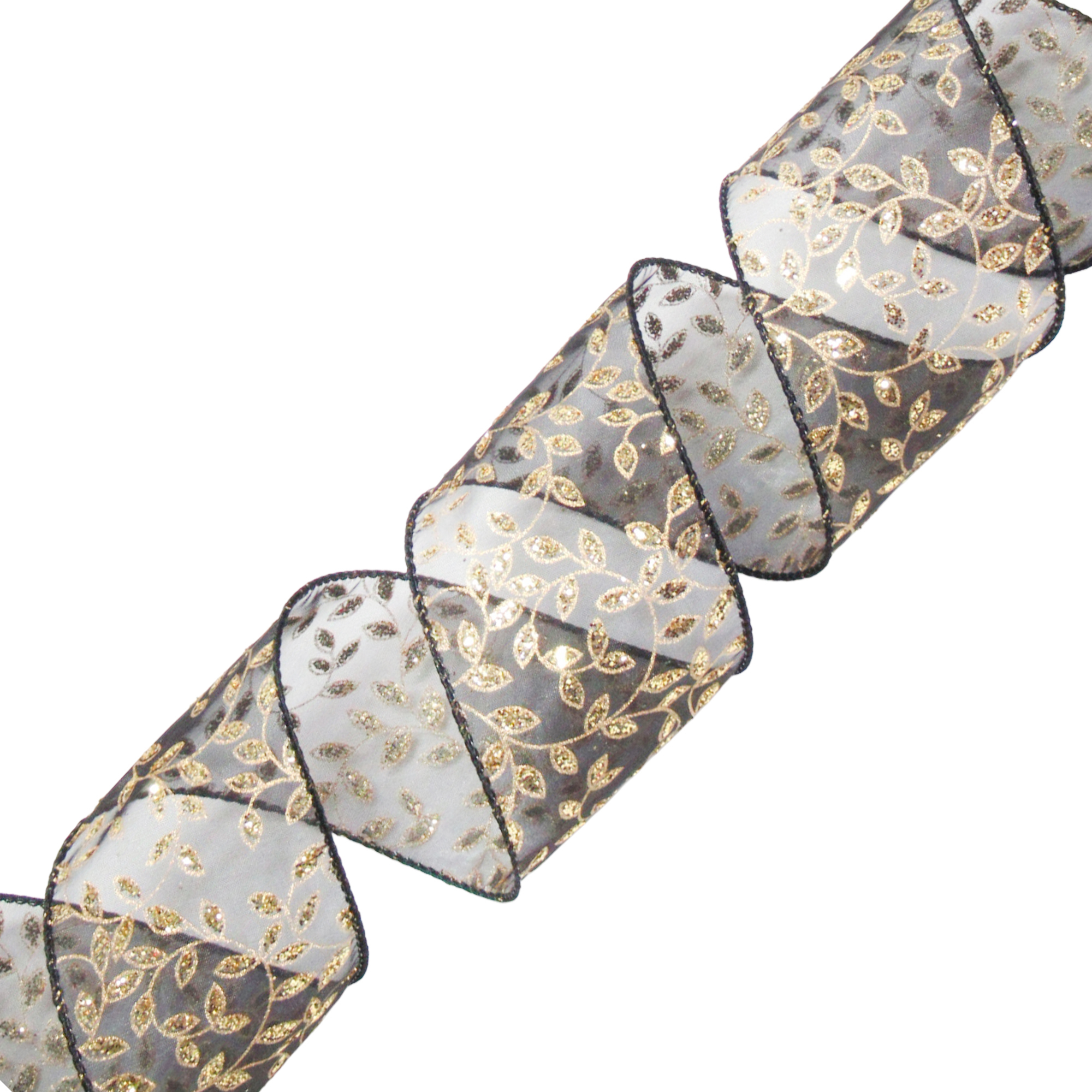 WIRED RIBBON 2.5"X10 YDS. BLACK THICK SHEER W/MATTE GOLD & GLITTER LEAVES CURL W/SEWN EDGES