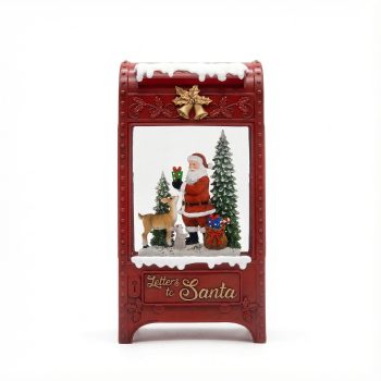 WATER GLOBE LED SANTA & DEER POST BOX 3"X5"X9.5" W/GLTR. SPINNER TIMER 6/18HRS USB CORD INCLUDED B/O (AAX3)