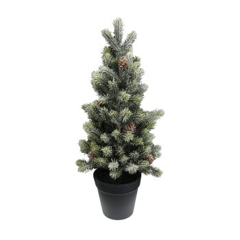 TREE FROSTED PINE 14" GREEN W/PINE CONES AND BLACK PLASTIC POT