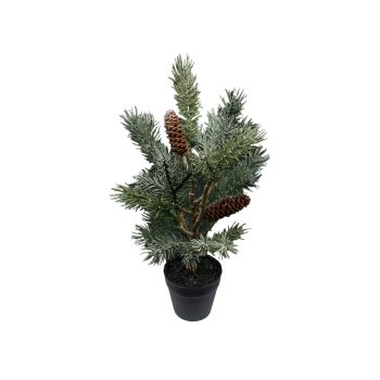 TREE PINE W/PINE CONE FROSTED 14" GREEN W/BLACK PLASTIC POT