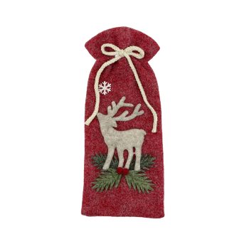 BOTTLE COVER FELT 5"X13" RED/BEIGE W/REINDEER