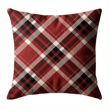 CUSHION DECORATIVE 16"X16" BURGUNDY BLACK WHITE AND RED PLAID