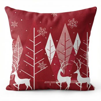 CUSHION DECORATIVE 16"X16" BURGUNDY BACKGROUND WITH PATTERNS OF REINDEER, TREES AND SNOWFLAKES