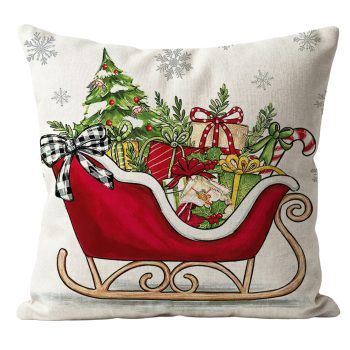 CUSHION DECORATIVE 16"X16" SLEIGH W/GIFTS AND TREE