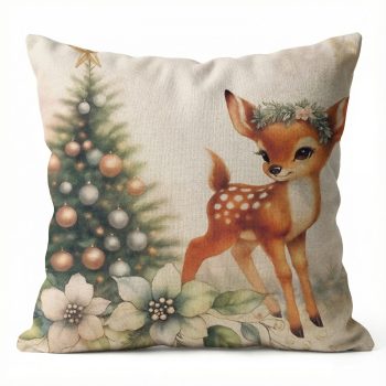 CUSHION DECORATIVE 16"X16" BAMBI AND CHRISTMAS TREE