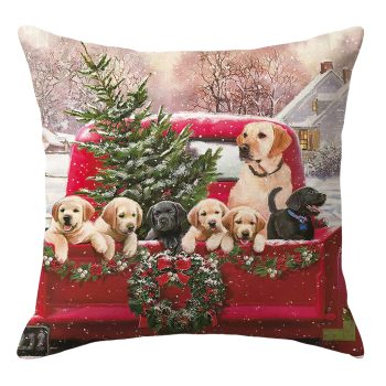 CUSHION DECORATIVE 16"X16" PET DOGS IN THE BACK OF A RED PICKUP TRUCK