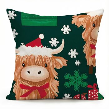 CUSHION DECORATIVE 16"X16" HIGHLAND COW/YAK WEARING A CHRISTMAS HAT